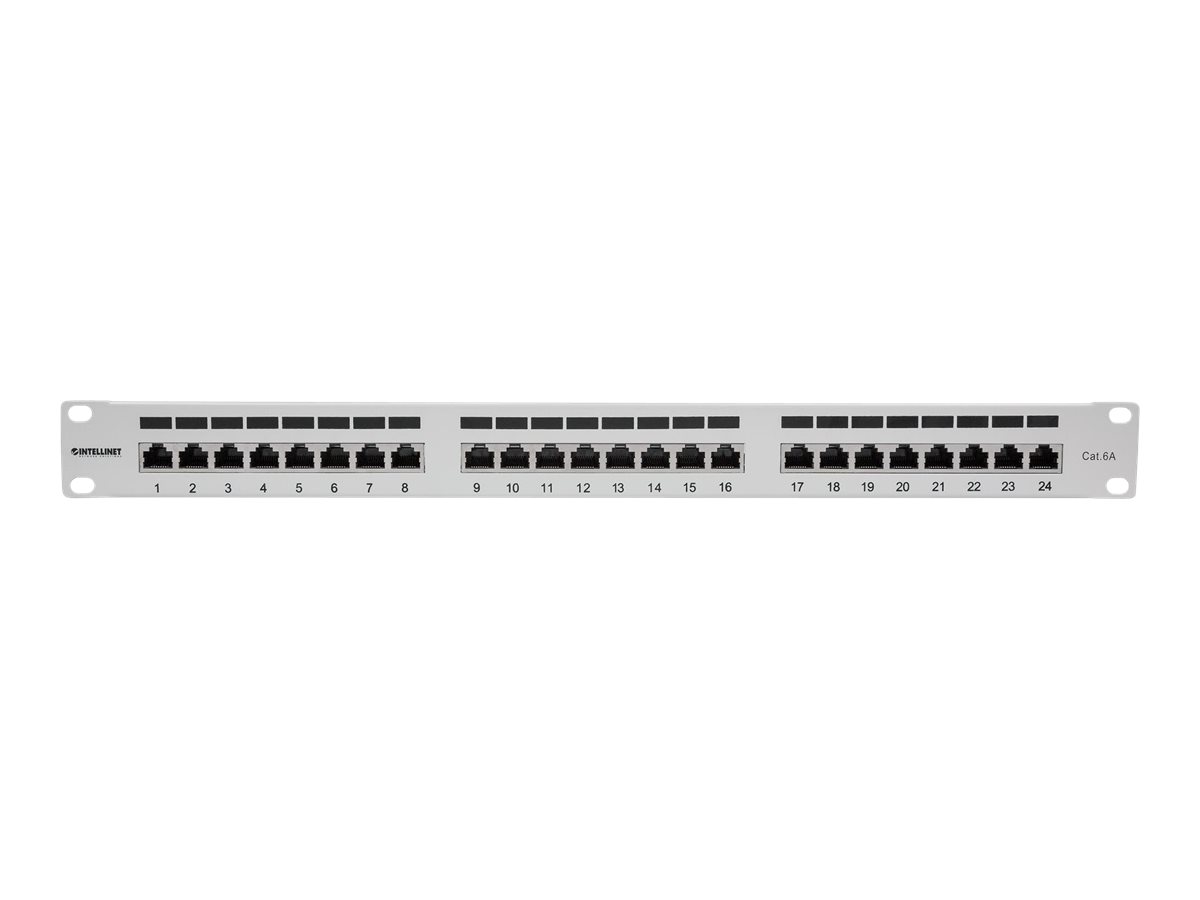 Intellinet 24-Port Cat6a Patchpanel, geschirmt, 24 Ports, FTP, 1 HE, Klemmleisten mit 90 Grad abgewinkelten Kabeleinführungen, grau - Patch Panel - CAT 6a - FTP - RJ-45 X 24 - Grau - 1U - 48.3 cm (19") Image