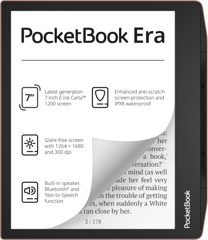 Pocketbook Era Stardust, 17,8 cm (7 Zoll), E Ink Carta, 1264 x 1680 Pixel, ACSM, CBR, CBZ, CHM, DOC, DOCX, DjVu, EPUB DRM, FB2, FB2.ZIP, HTM, HTML, MOBI, PDF, PRC, RTF, TXT,..., MP3, OGG, BMP, JPEG, PNG, TIFF