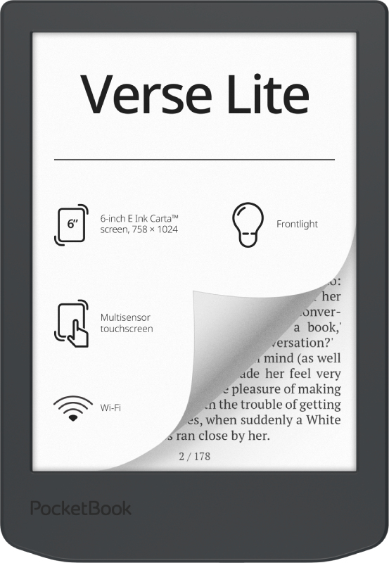 Pocketbook Verse Lite, 15,2 cm (6"), E Ink Carta, 758 x 1024 Pixel, ACSM, AZW, AZW3, CBR, CBZ, CHM, DOC, DOCX, DjVu, EPUB, FB2, FB2.ZIP, HTM, HTML, MOBI, PDF, PRC,..., BMP, JPEG, PNG, TIFF, 8 GB