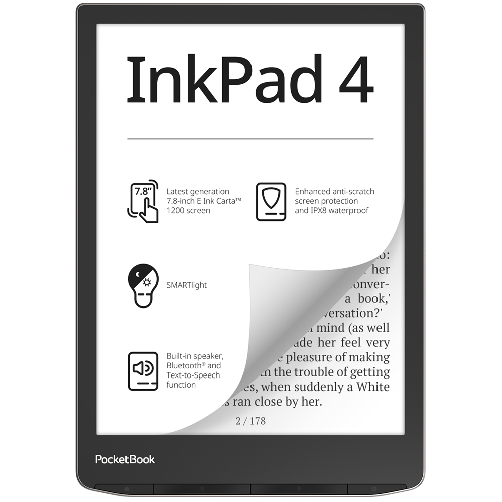 Pocketbook InkPad 4, 19,8 cm (7.8"), E Ink Carta, 1404 x 1872 Pixel, ACSM, AZW, AZW3, CBR, CBZ, CHM, DOC, DOCX, DjVu, EPUB, EPUB DRM, FB2, FB2.ZIP, HTM, HTML, MOBI,..., M4A, M4B, MP3, OGG, BMP, JPEG, PNG, TIFF