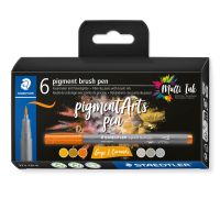 STAEDTLER Pigment Arts Brush Pen Greys & Caramels, 6 Farben, Braun, Grau, Rund, Kunststoff, Polypropylen (PP), Tinte auf Wasserbasis, Erwachsene & Kinder