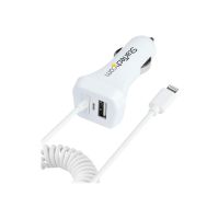 StarTech.com Lightning Car Charger with 1m Coiled Lightning Cable, 12W, White, 2 Port USB Car Charger Adapter for Phones and Tablets, In Car Apple iPhone/iPad Charger w/ Built-in Cord - Dual USB Car Charger (USBLT2PCARW2)