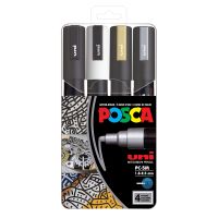 FABER-CASTELL POSCA PC-5M, Schwarz, Gold, Silber, Weiß, Mehrfarbig, 4 Farben, Medium, Tinte auf Wasserbasis, Rundspitze