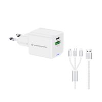 Conceptronic 2-Port 33W GaN USB-PD-Ladegerät mit 3-in-1-Ladekabel, USB-C x 1, USB-A x 1, QC 3.0, PPS, Drinnen, AC, 20 V, 1,5 m, Weiß
