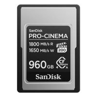 SanDisk PRO-CINEMA, 960 GB, CFexpress Type A, 1800 MB/s, 1650 MB/s, Tropfsicher, Staubresistent, Wasserfest, Schwarz, Metallisch