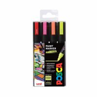 FABER-CASTELL POSCA PC-5M Fluoreszierendes x4, Orange, Pink, Rot, Gelb, Mehrfarbig, 4 Farben, Medium, Tinte auf Wasserbasis, Rundspitze