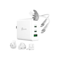 j5create Netzteil - 3 Ports, GaN, mit wechselbaren AC-Steckern und USB-C-Kabel - 65 Watt - 3 A - PD 3.0, Apple 2.4A, Apple Fast Charge, USB BC 1.2, Fast Charge, QC 3.0, Super Charge - 3 Ausgabeanschlussstellen (2 x USB-C, USB)