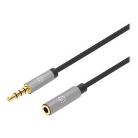 Manhattan Stereo Audio 3.5mm Extension Cable, 1m, Male/Female, Slim Design, Black/Silver, Premium with 24 karat gold plated contacts and pure oxygen-free copper (OFC)