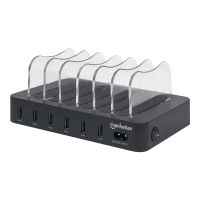Manhattan Charging Station, 6x USB-A Ports, Outputs: 6x 2.4A, Smart IC, LED Indicator Lights, Black, Three Year Warranty, Box - Ladestation - 50 Watt - 2.4 A - 6 Ausgabeanschlussstellen (USB)