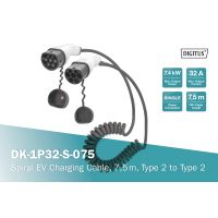 DIGITUS KFZ-Spiral-Ladekabel für Elektroautos & PHEV  7,5 m  Typ 2  Mode 3  1-Phasig  32 A  7,4 kW  Schwarz