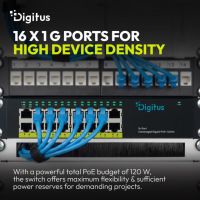 DIGITUS 10" Gigabit 16-Port Unmanaged PoE+ Switch (120W)