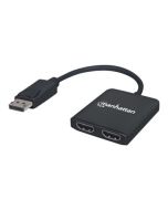 Manhattan DisplayPort 1.2 to 2-Port HDMI Splitter Hub with MST, 4K@30Hz, USB-A Powered, Video Wall Function, HDCP 2.2, Black, Three Year Warranty, Blister