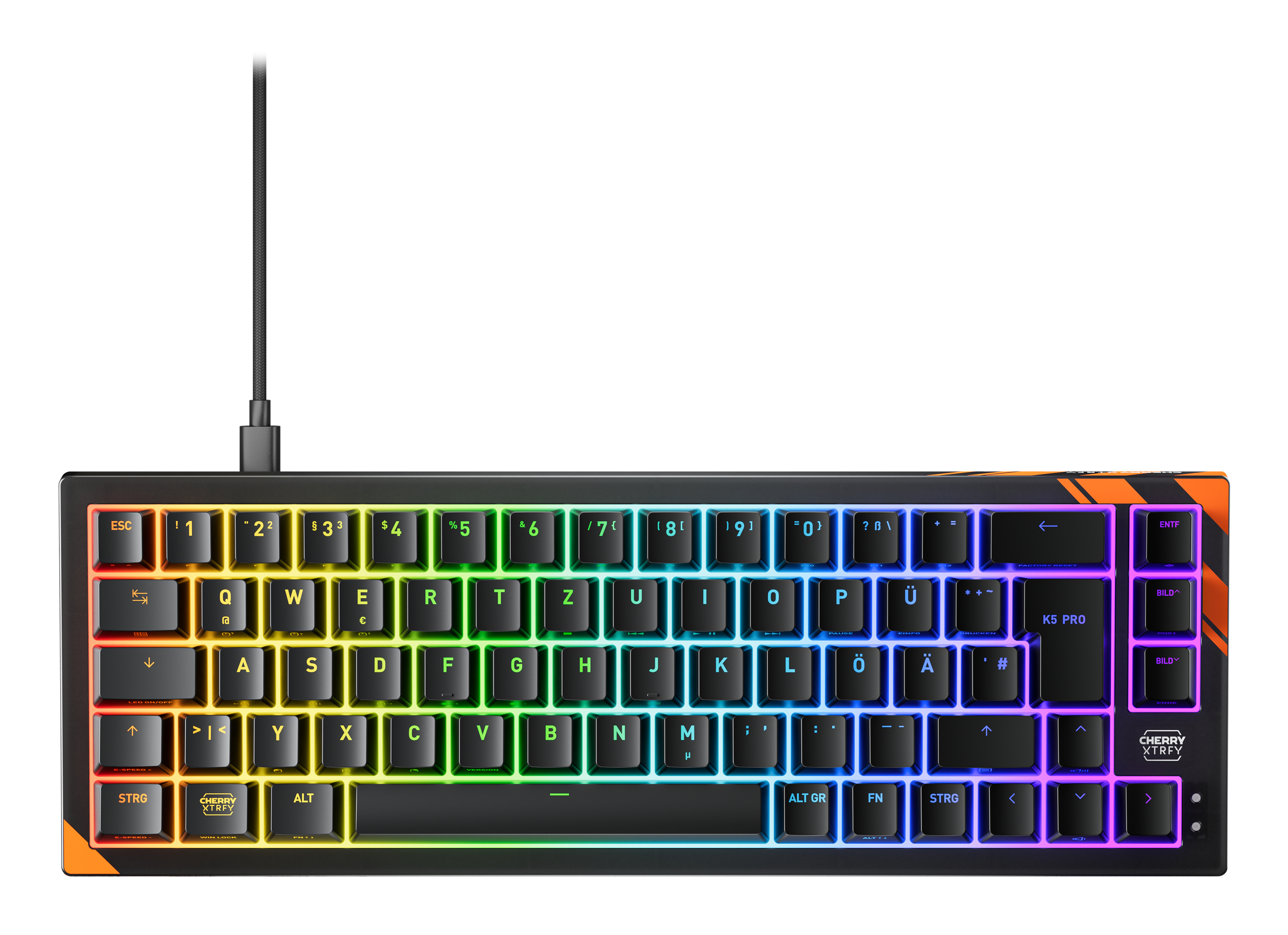 Cherry K5 PRO TMR COMPACT, Kabelgebunden, USB, Mechanischer Switch, QWERTZ, RGB-LED, Schwarz, Orange